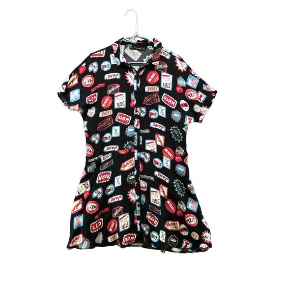 Zara Mini Shirt Dress Size S Black Multicolor Boy Names Graphic Rayon Artsy - Picture 1 of 11